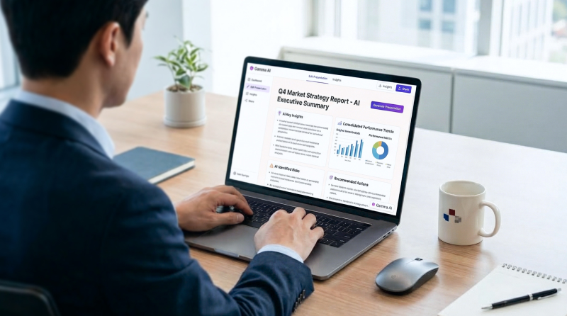 남성이 사무실 책상에서 노트북으로 AI 분석툴 화면을 확인하며 키보드를 입력하는 모습.