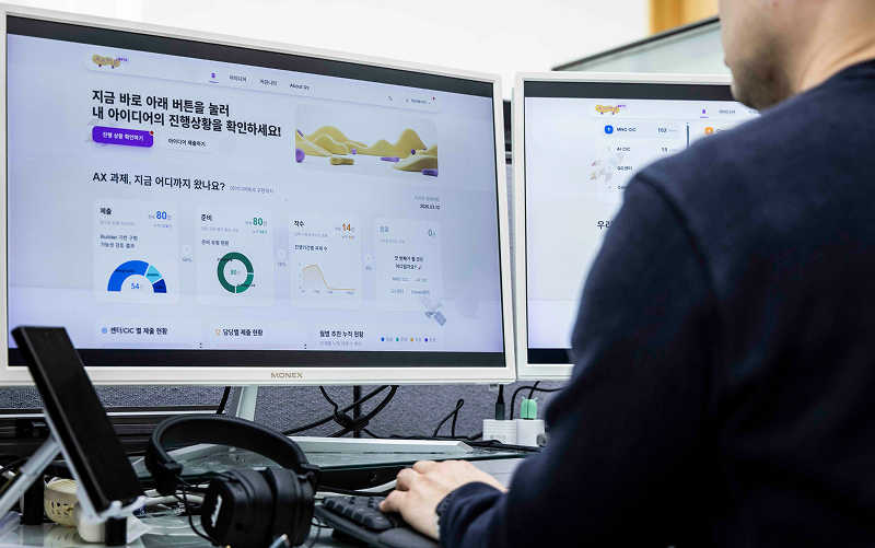 SKT 구성원이 사무실에서 두 개의 모니터를 통해 ‘AXMS’ 화면을 확인하며 아이디어 진행 상황과 AI 과제 데이터를 분석하는 모습.
